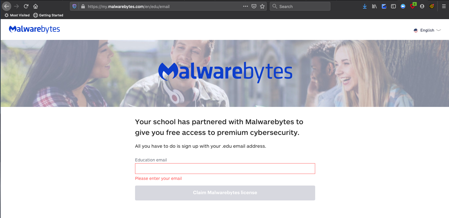 Malwarebytes' registration page with a prompt to enter your email address