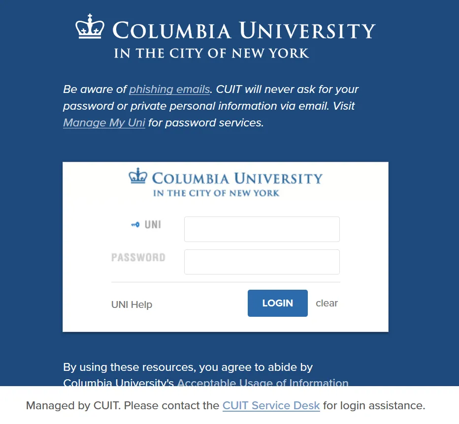 Columbia Authentication System (CAS) Login