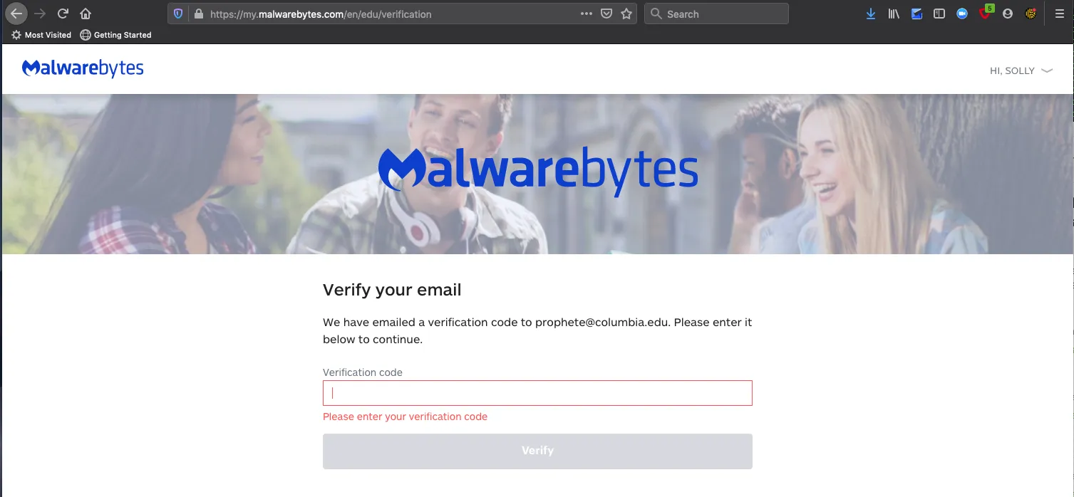 Verification screen on Malwarebytes' website where you will enter the six-digit code