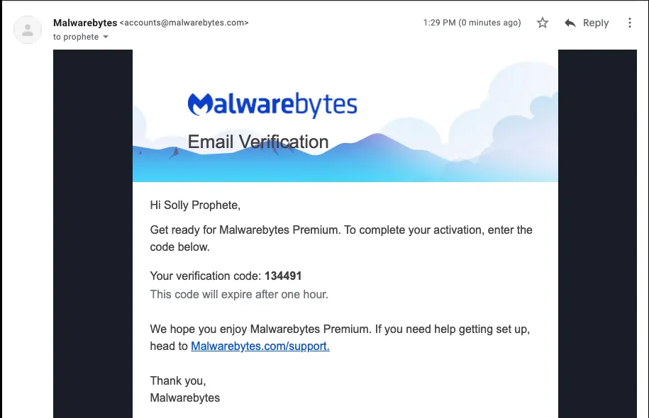 Verification code email from Malwarebytes with six-digit code